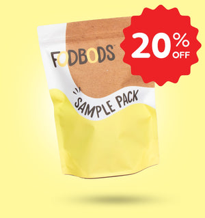 Sample pack with 'FOODBODS' branding on a yellow background with a red 20% off discount label.