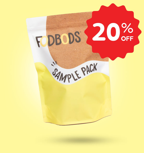 Sample pack with 'FOODBODS' branding on a yellow background with a red 20% off discount label.