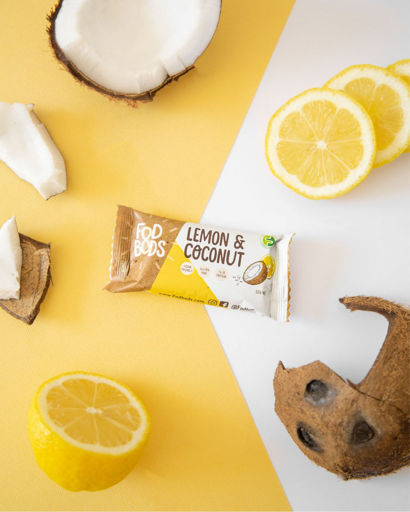 Fodbods Lemon and Coconut low FODMAP snack bar. Natural, vegan, gluten-free, high protein.