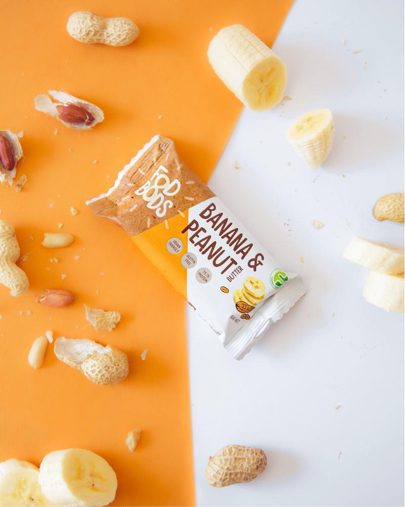 Fodbods Banana and Peanut Butter low FODMAP snack bar. Natural, vegan, gluten-free, high protein.